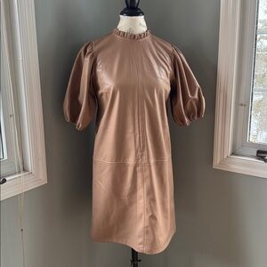 Anthropologie THML faux leather Elegant Tan Puff Sleeve Dress EUC size Small